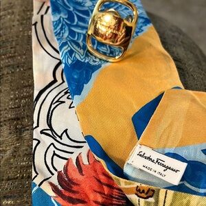 New Salvatore Ferragamo 100% Silk Scarf with Gold Accent
